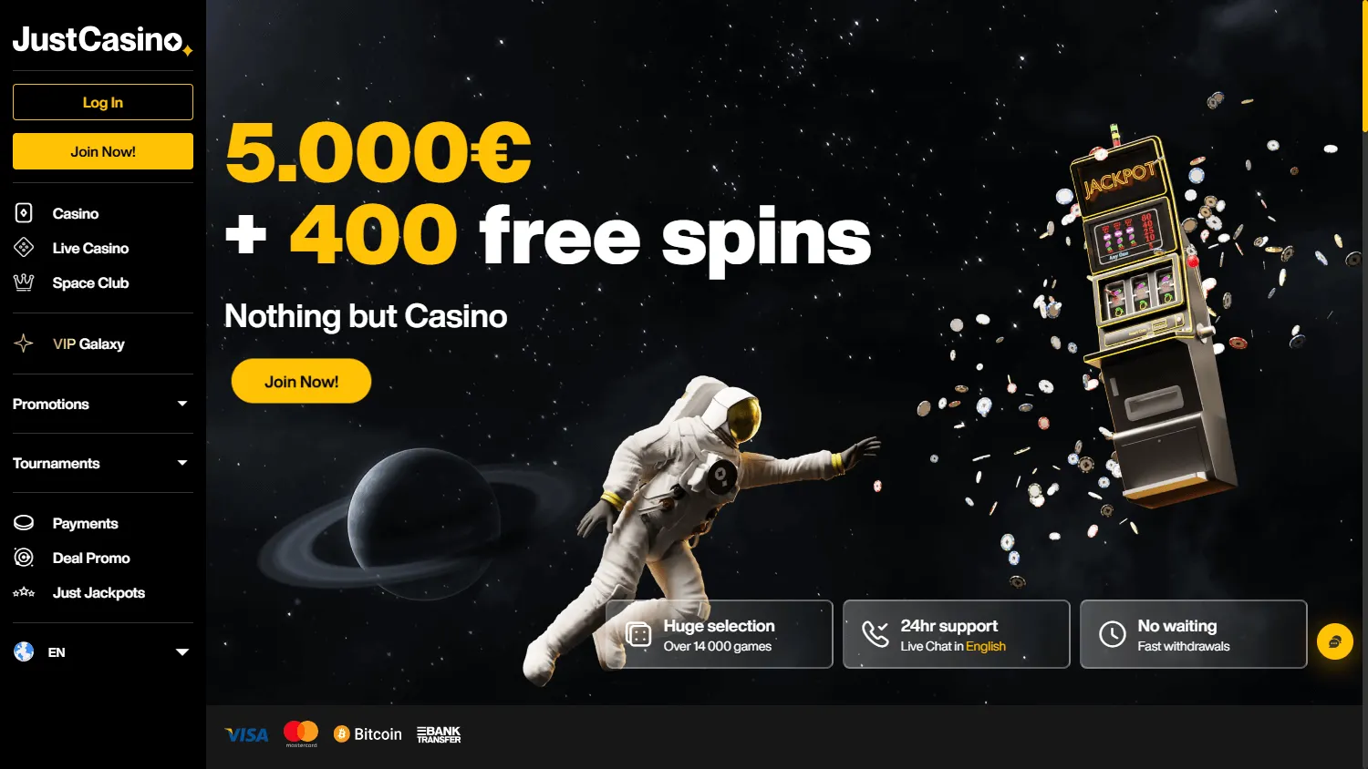 Justcasino desktop home screen with casino access and account features