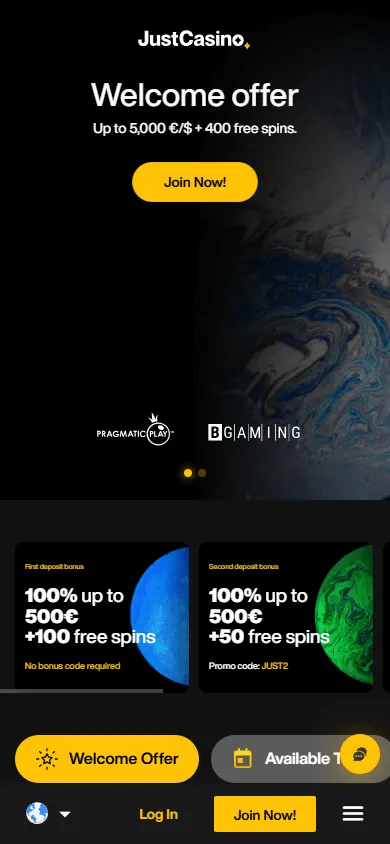 Justcasino mobile browser promotions screen with casino offers