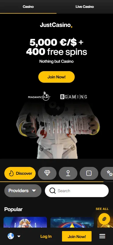 Justcasino mobile browser home screen with casino access