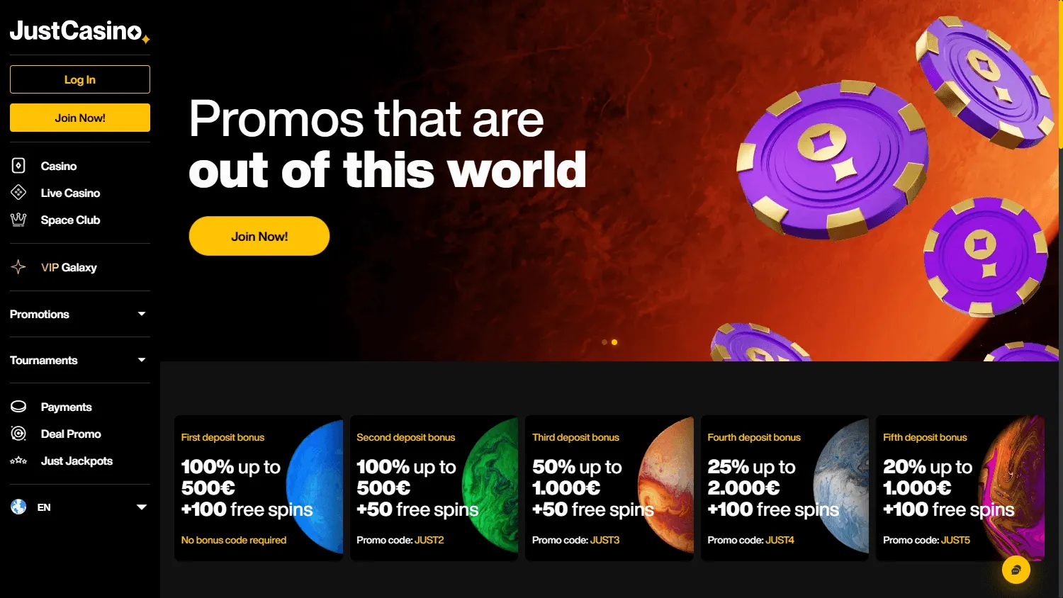 Justcasino desktop promotions screen with casino offers